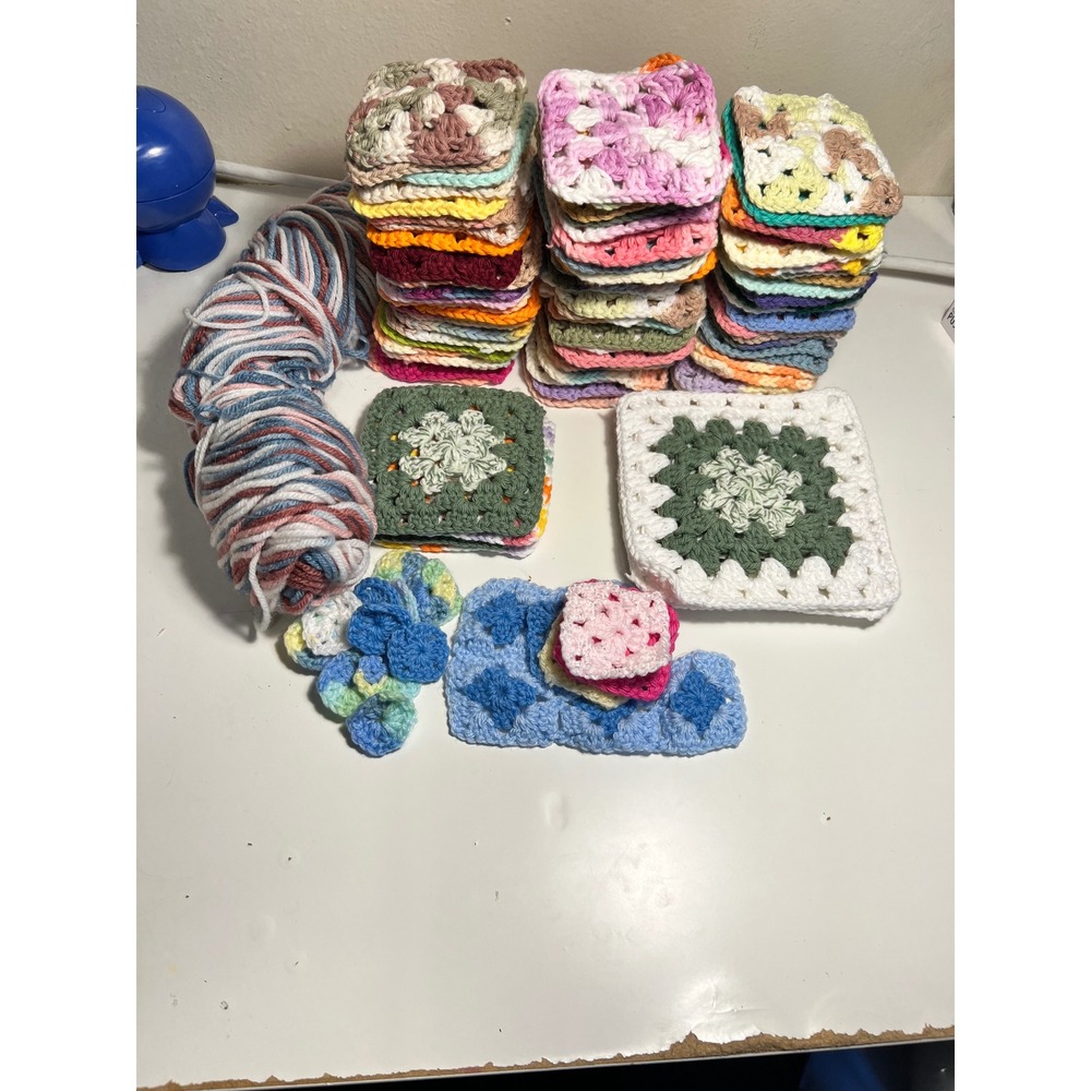 Handmade 95 PC Crochet Lot Granny Squares Handmade Craft DIY Boho Retro